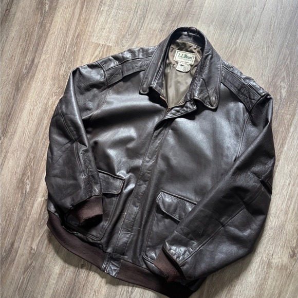 LL Bean Vintage 80's Mens XL Leather Flight Bomber Jacket Brown A-2 Made in USA - Picture 2 of 10